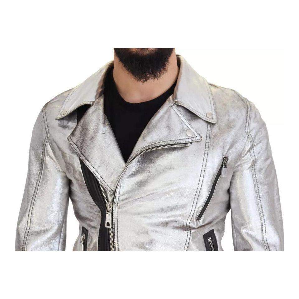 Dolce & Gabbana Silver Leather Biker Coat Lambskin Jacket Dolce & Gabbana Gray