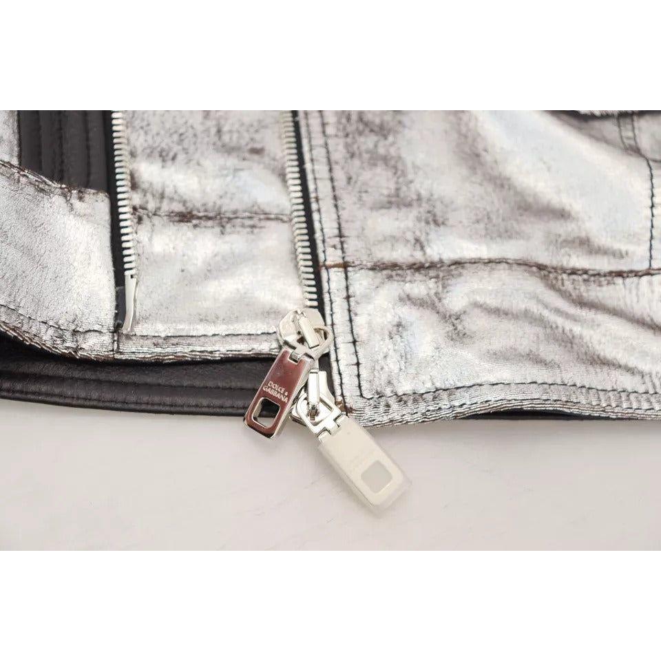 Dolce & Gabbana Silver Leather Biker Coat Lambskin Jacket Dolce & Gabbana Light Gray