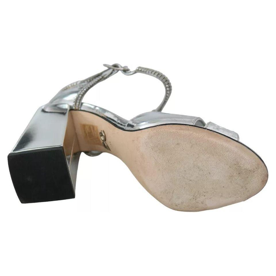 Dolce & Gabbana Silver Crystals T-strap Sandals Leather Shoes Dolce & Gabbana Dark Gray