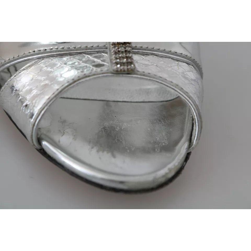 Dolce & Gabbana Silver Crystals T-strap Sandals Leather Shoes Dolce & Gabbana Light Slate Gray