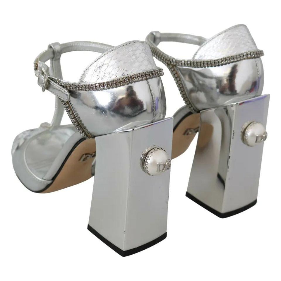 Dolce & Gabbana Silver Crystals T-strap Sandals Leather Shoes Dolce & Gabbana Dark Gray