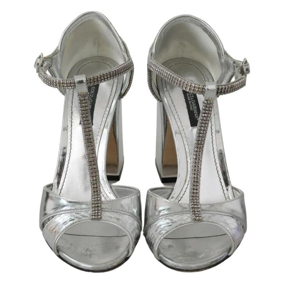 Dolce & Gabbana Silver Crystals T-strap Sandals Leather Shoes Dolce & Gabbana Light Slate Gray