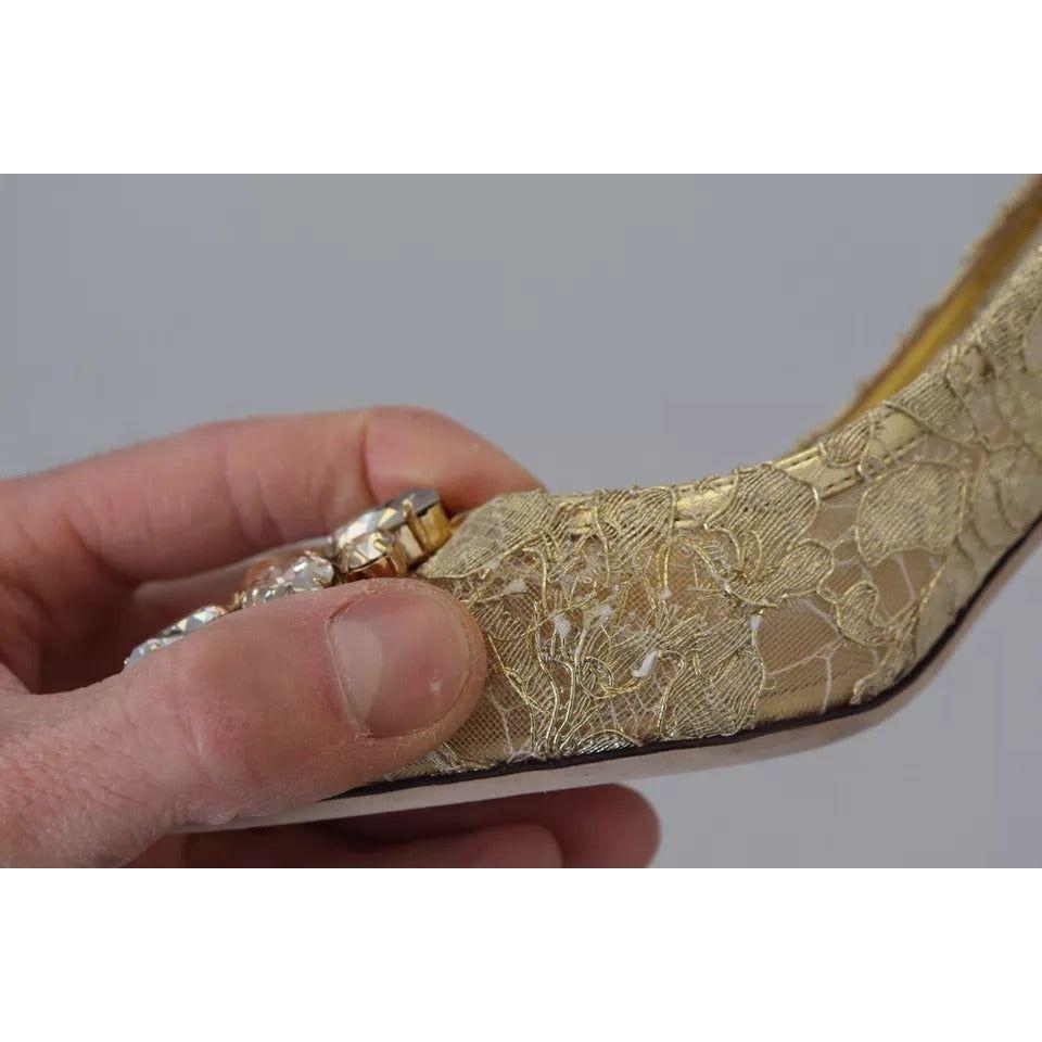 Dolce & Gabbana Gold Taormina Lace Crystal Heels Pumps Shoes Dolce & Gabbana Rosy Brown