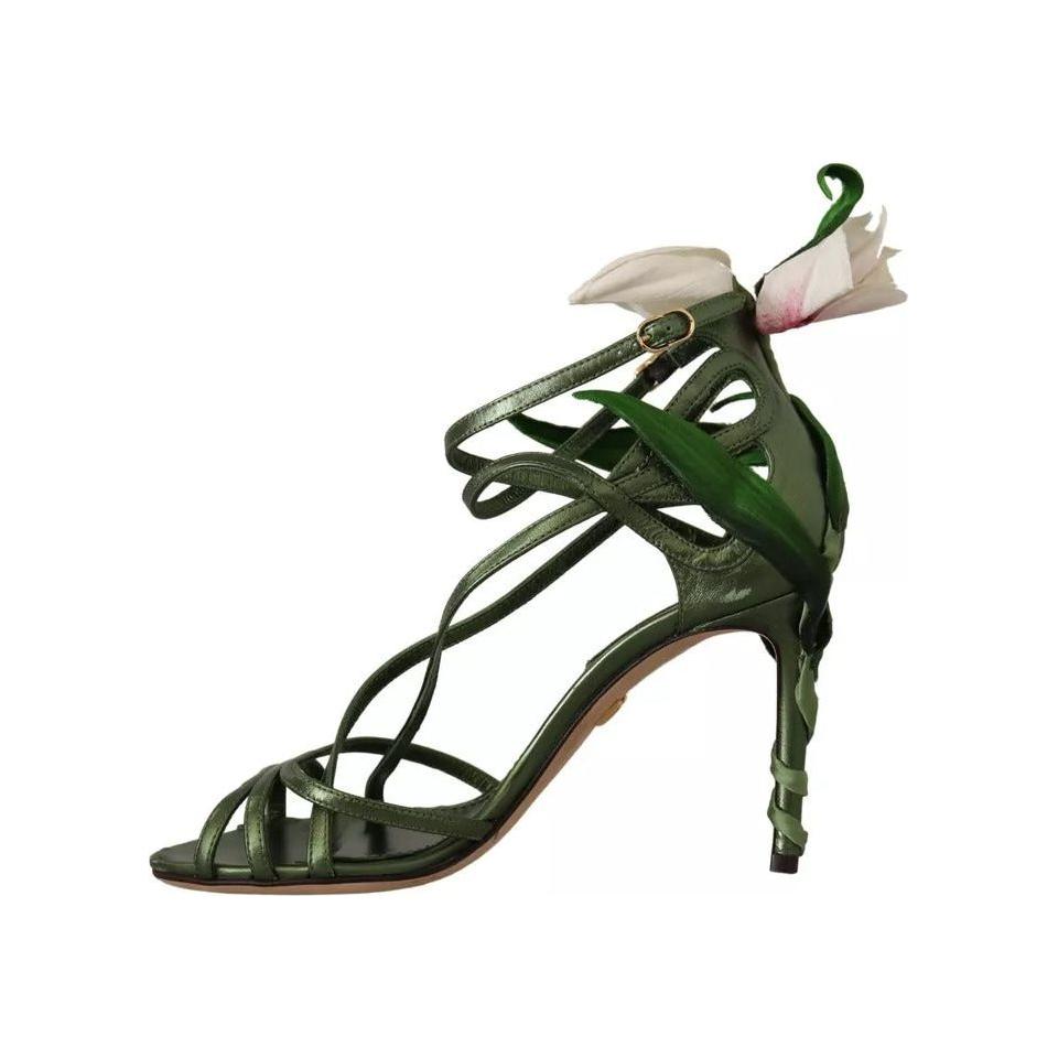 Dolce & Gabbana Acid Green Leather Strappy Flower Heels Sandals Shoes Dolce & Gabbana Dark Slate Gray