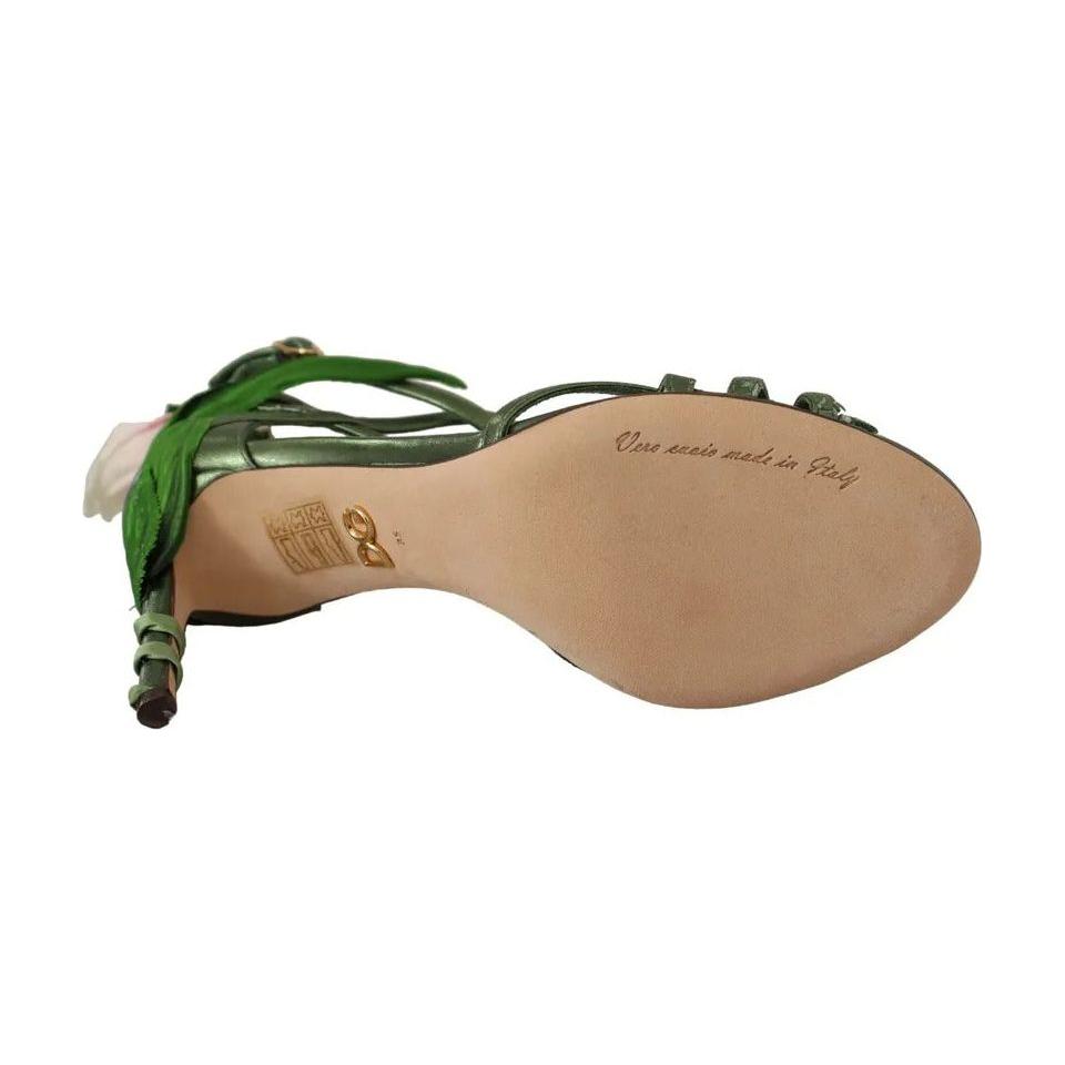 Dolce & Gabbana Acid Green Leather Strappy Flower Heels Sandals Shoes Dolce & Gabbana Rosy Brown