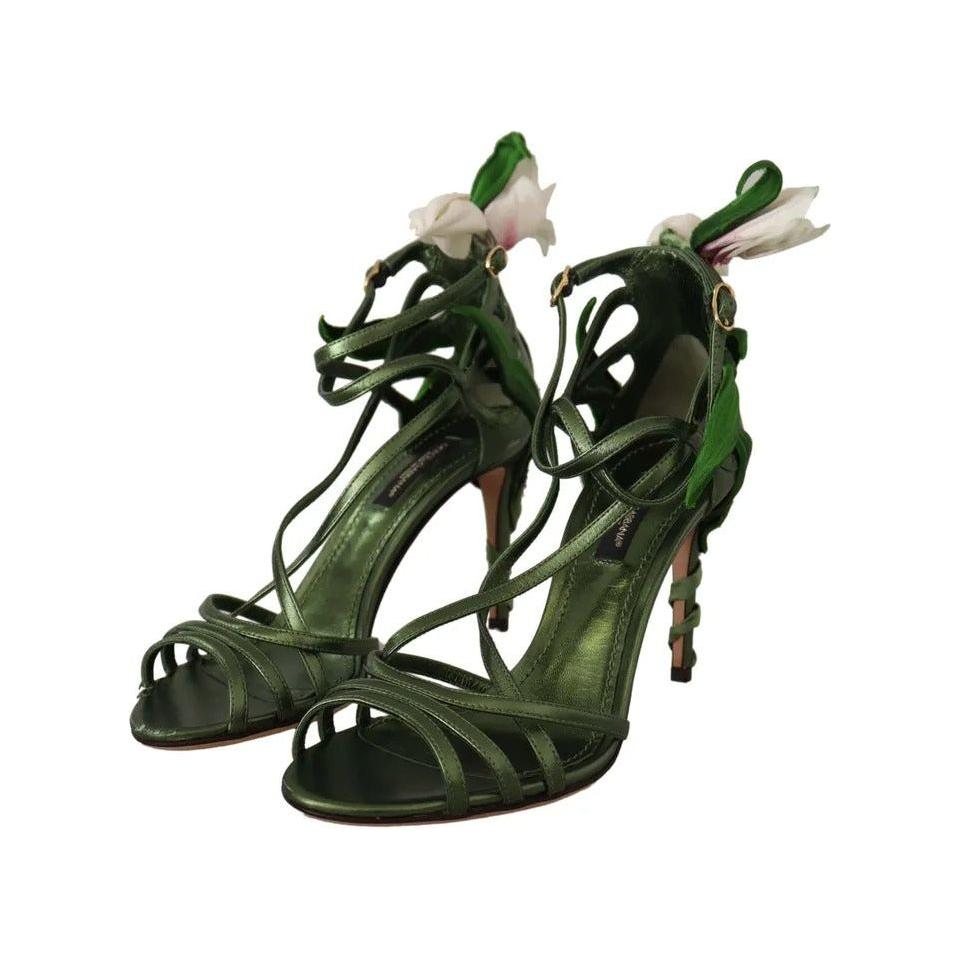Dolce & Gabbana Acid Green Leather Strappy Flower Heels Sandals Shoes Dolce & Gabbana Dark Slate Gray