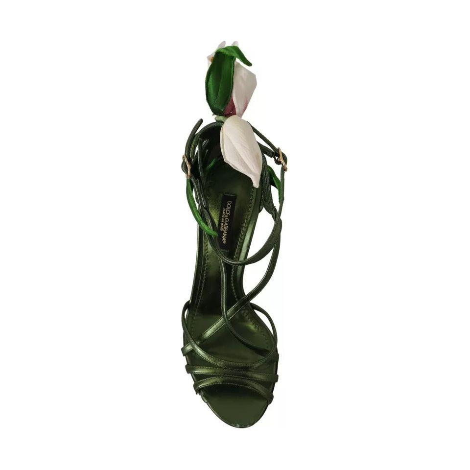 Dolce & Gabbana Acid Green Leather Strappy Flower Heels Sandals Shoes Dolce & Gabbana Dark Slate Gray