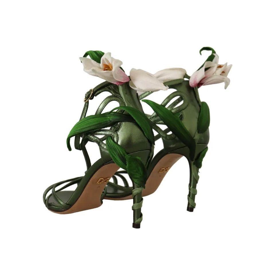 Dolce & Gabbana Acid Green Leather Strappy Flower Heels Sandals Shoes Dolce & Gabbana Dark Slate Gray