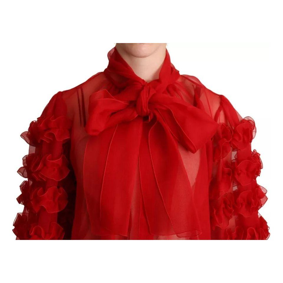 Dolce & Gabbana Red Silk Ascot Collar Ruffles Blouse Top Dolce & Gabbana Dark Red