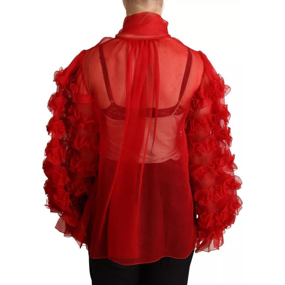 Dolce & Gabbana Red Silk Ascot Collar Ruffles Blouse Top Dolce & Gabbana Dark Red