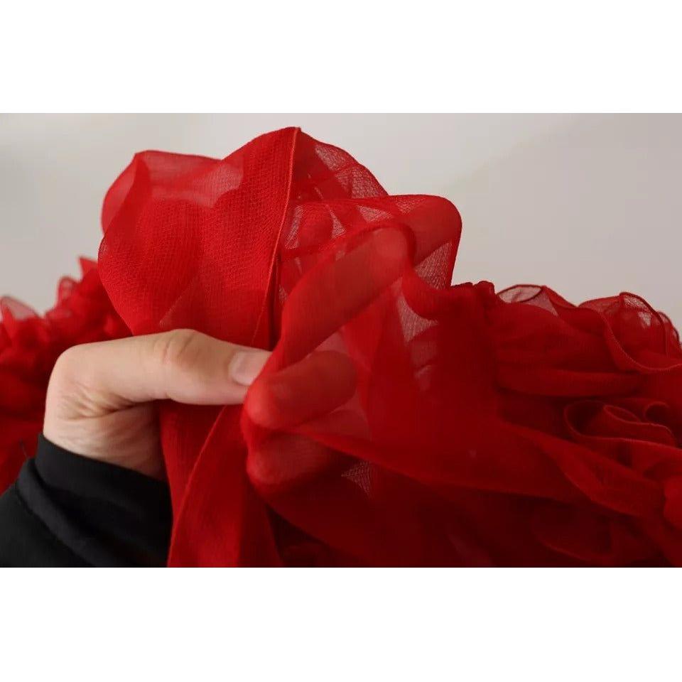 Dolce & Gabbana Red Silk Ascot Collar Ruffles Blouse Top Dolce & Gabbana Gray