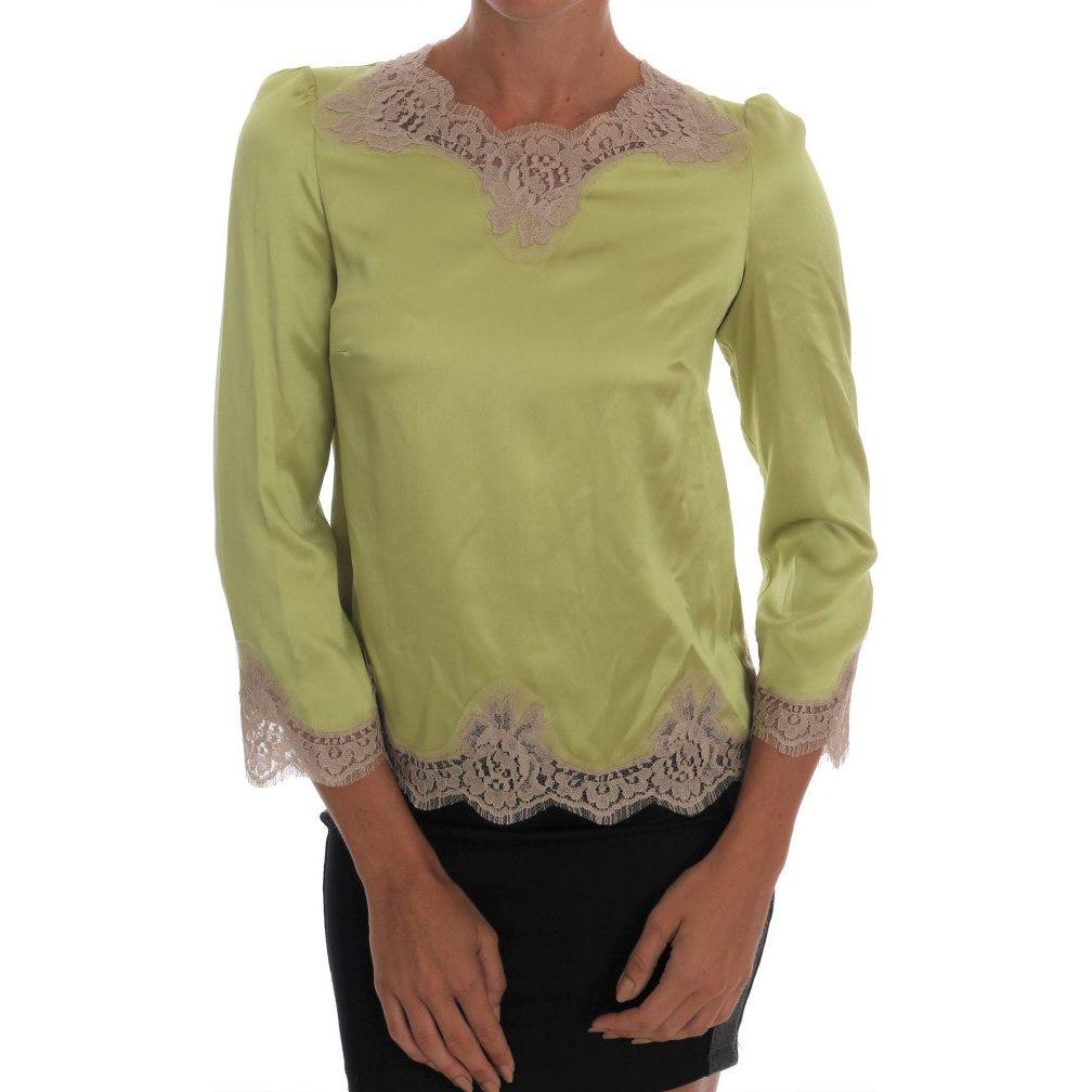 Dolce & Gabbana Elegant Floral Lace Silk Blouse Dolce & Gabbana Dark Khaki
