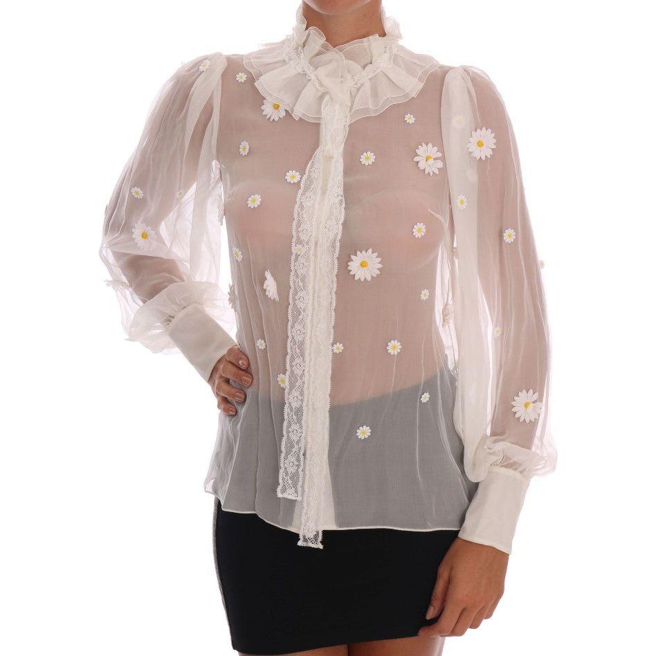 Dolce & Gabbana Elegant White Silk Daisy Blouse Dolce & Gabbana Dark Gray