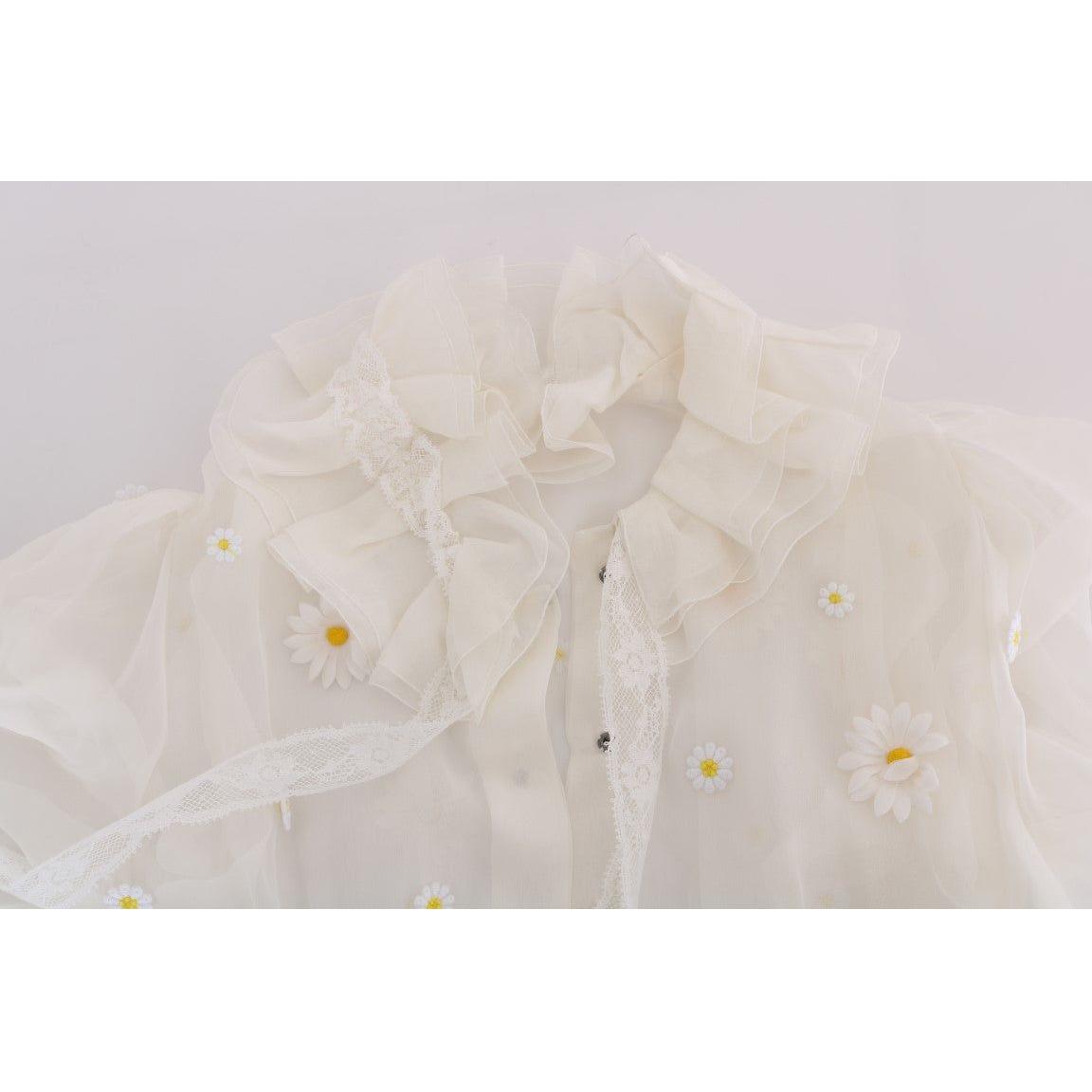Dolce & Gabbana Elegant White Silk Daisy Blouse Dolce & Gabbana Light Gray