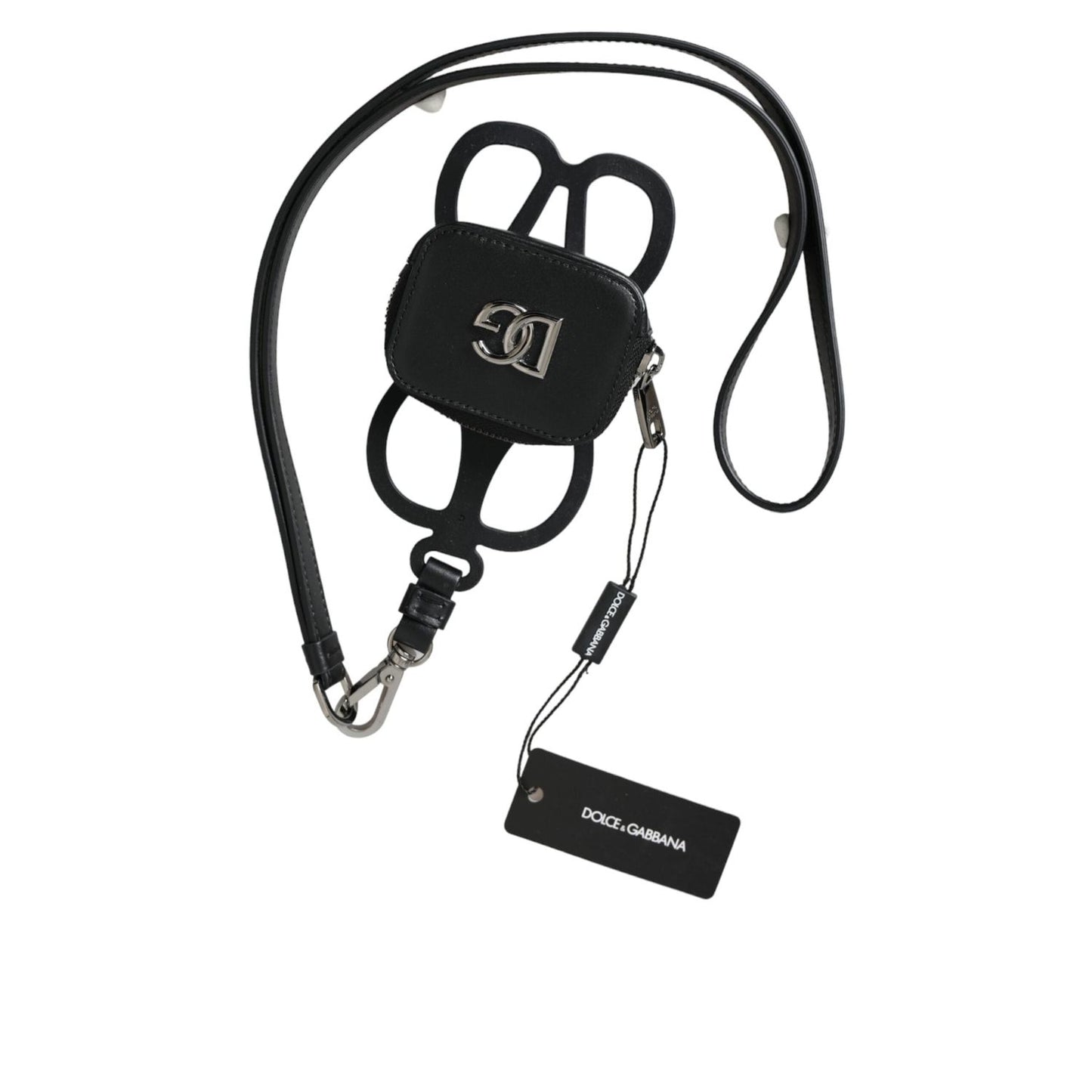 Dolce & Gabbana Black Calfskin Leather DG Logo Coin Purse Lanyard Wallet SMY10336