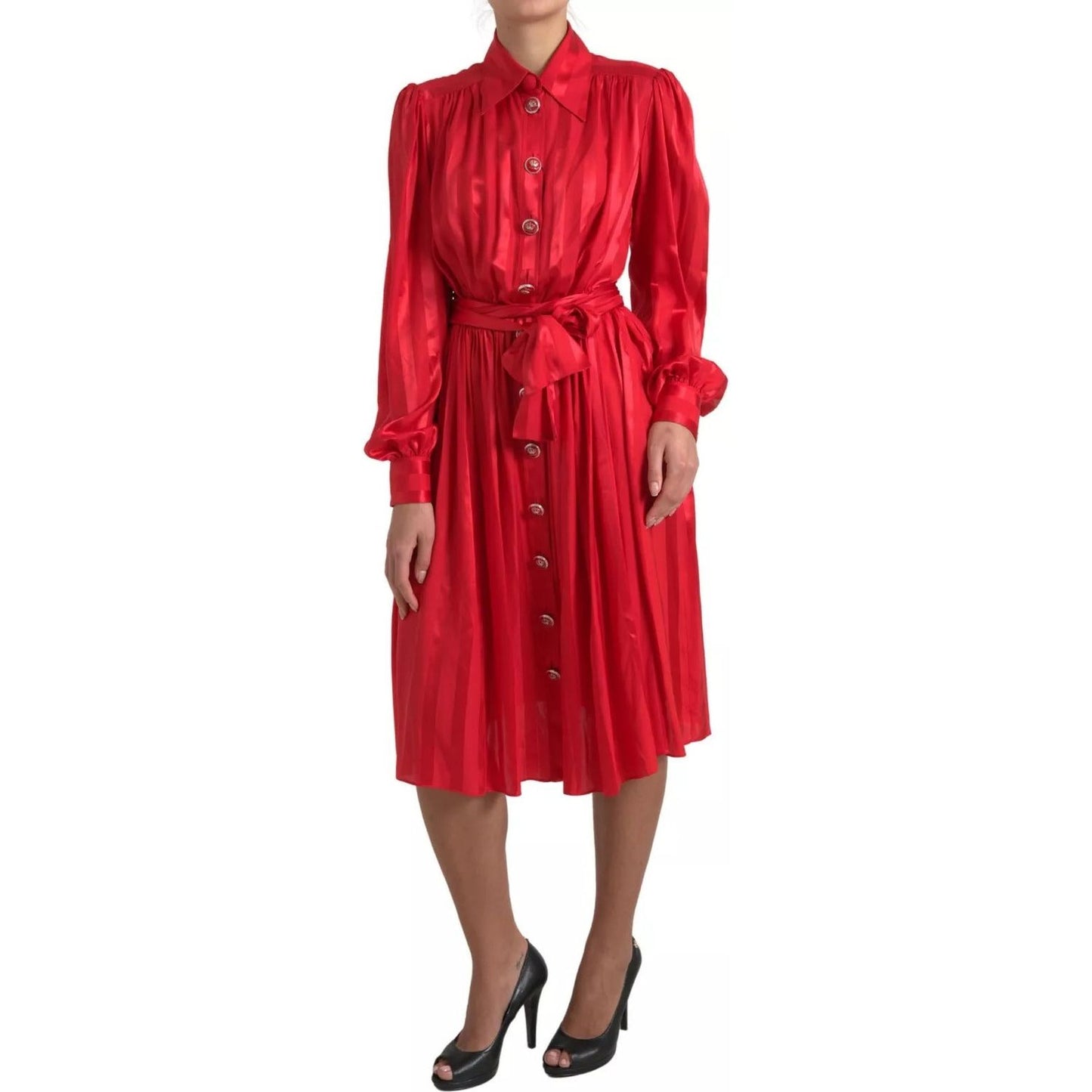 Dolce & Gabbana Elegant Red Silk Midi Dress with Button Detail Dolce & Gabbana Brown