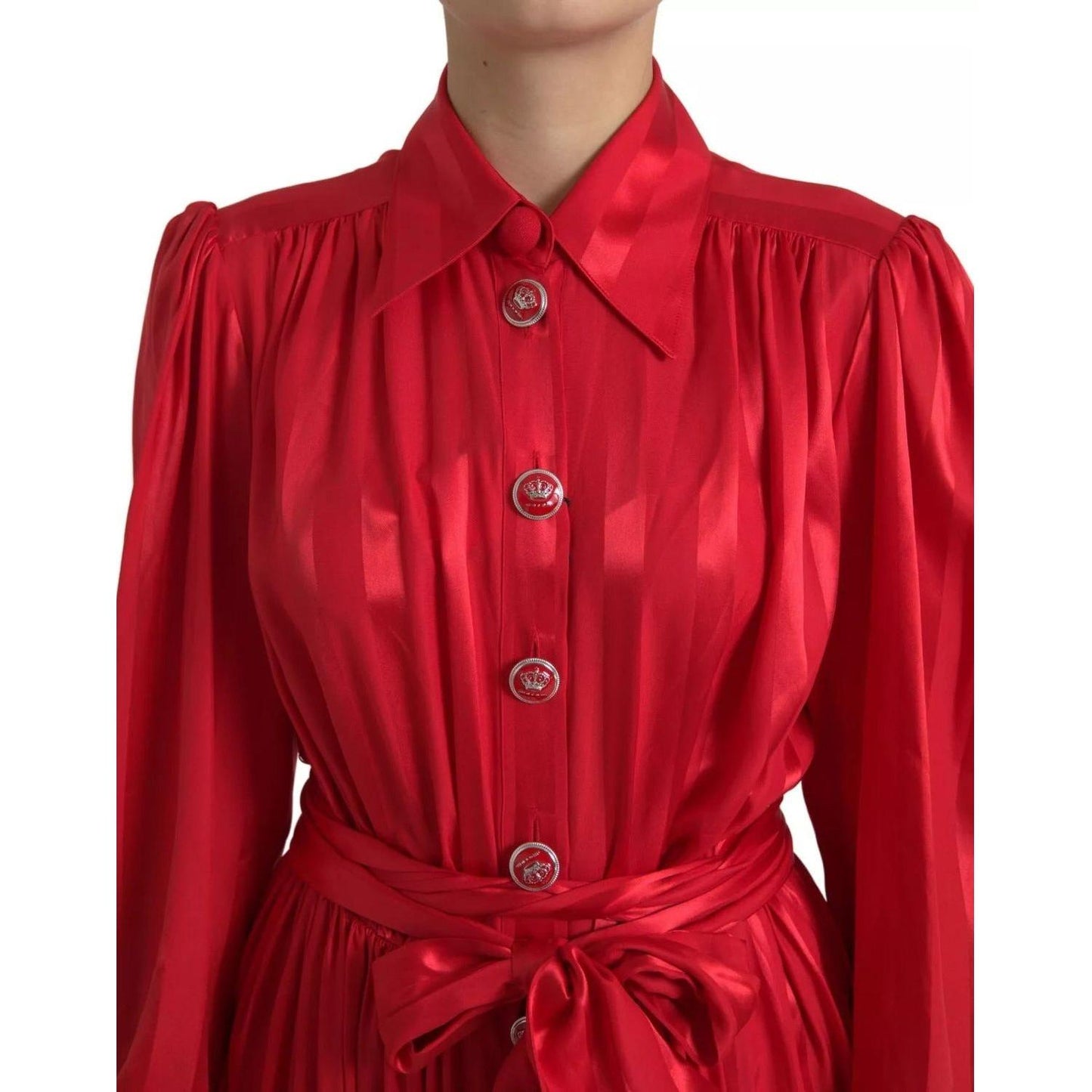 Dolce & Gabbana Elegant Red Silk Midi Dress with Button Detail Dolce & Gabbana Brown