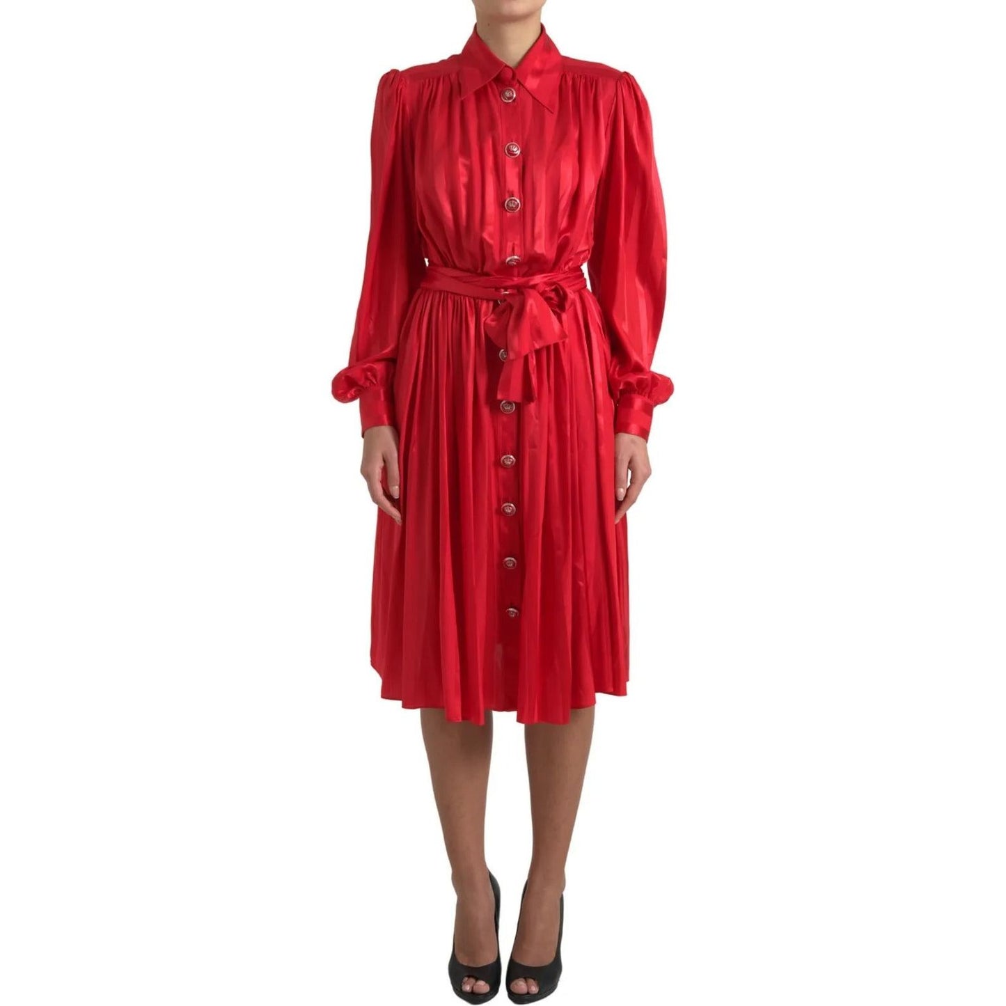 Dolce & Gabbana Elegant Red Silk Midi Dress with Button Detail Dolce & Gabbana Brown