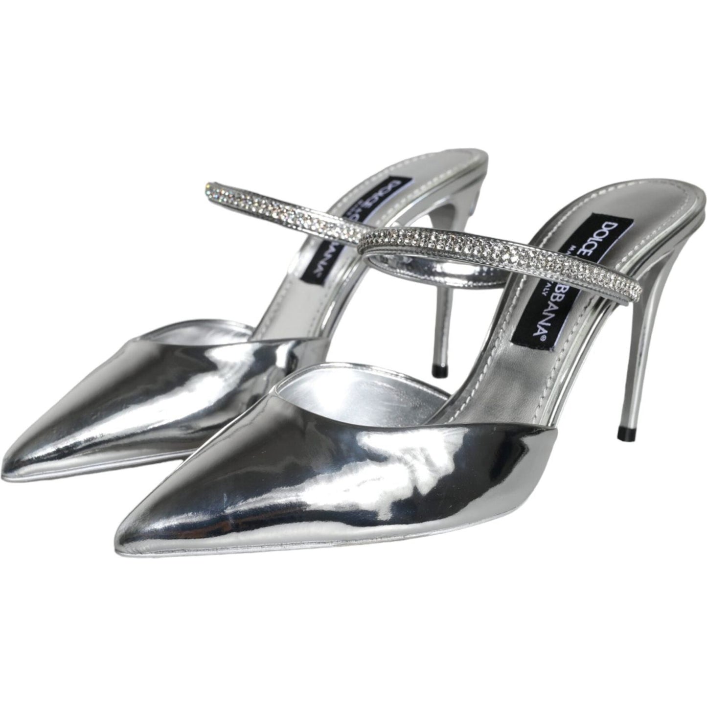 Dolce & Gabbana Silver Crystal Leather Slip On Sandals Shoes Dolce & Gabbana Light Slate Gray