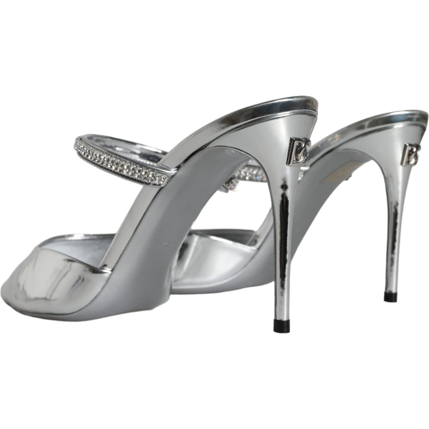 Dolce & Gabbana Silver Crystal Leather Slip On Sandals Shoes Dolce & Gabbana Light Slate Gray