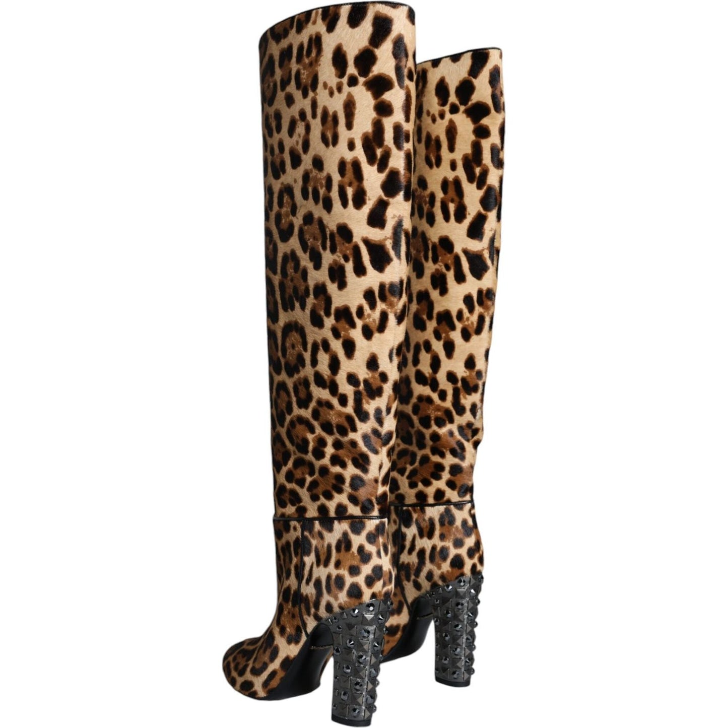 Dolce & Gabbana Beige Black Leopard Knee High Boots Shoes Dolce & Gabbana Black
