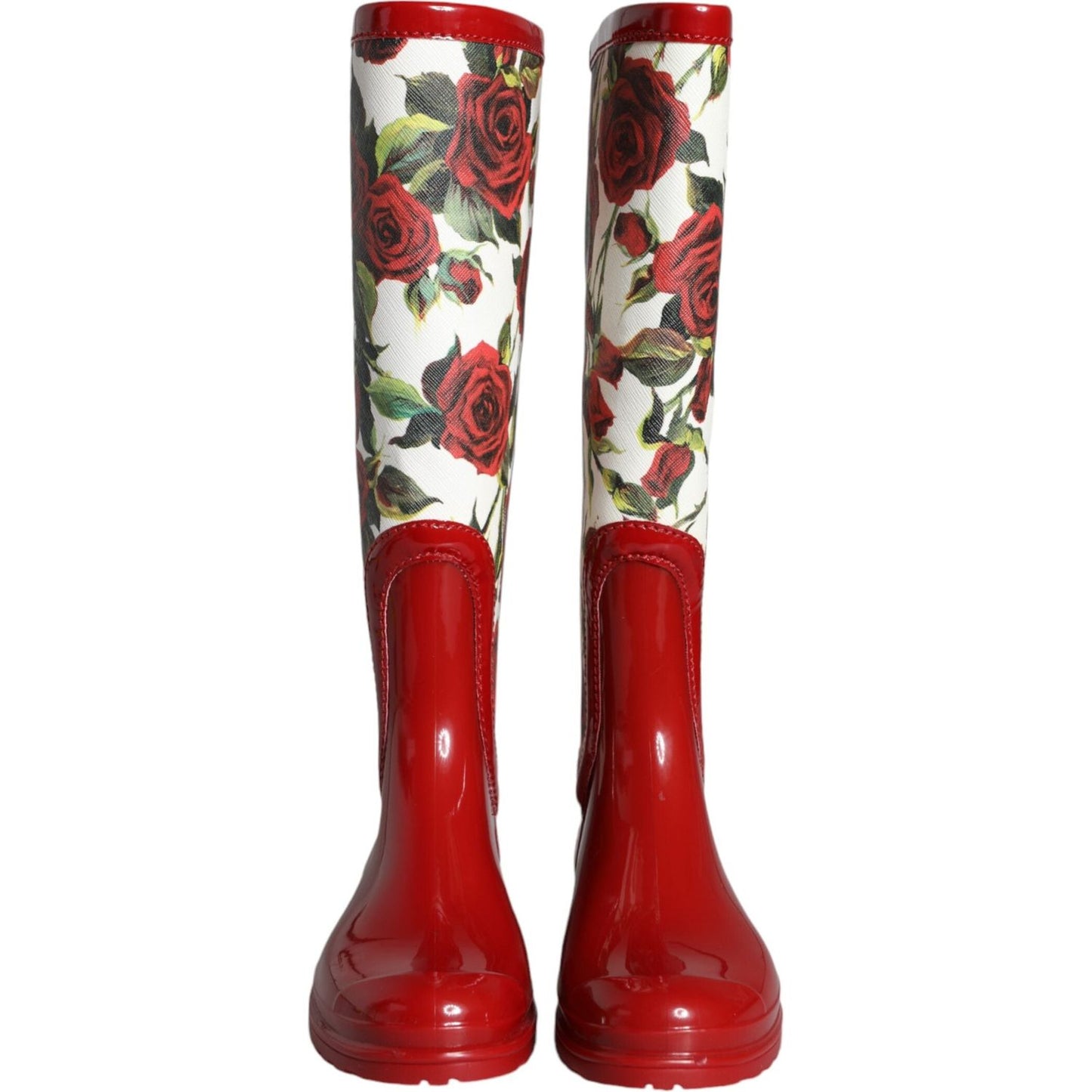 Dolce & Gabbana Red Floral Rubber Knee High Flat Boots Shoes Dolce & Gabbana Brown