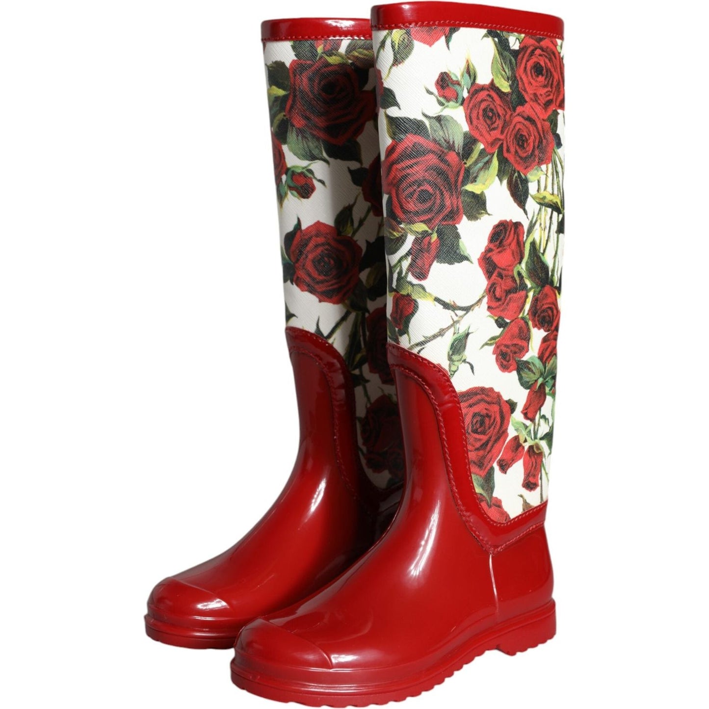 Dolce & Gabbana Red Floral Rubber Knee High Flat Boots Shoes Dolce & Gabbana Brown