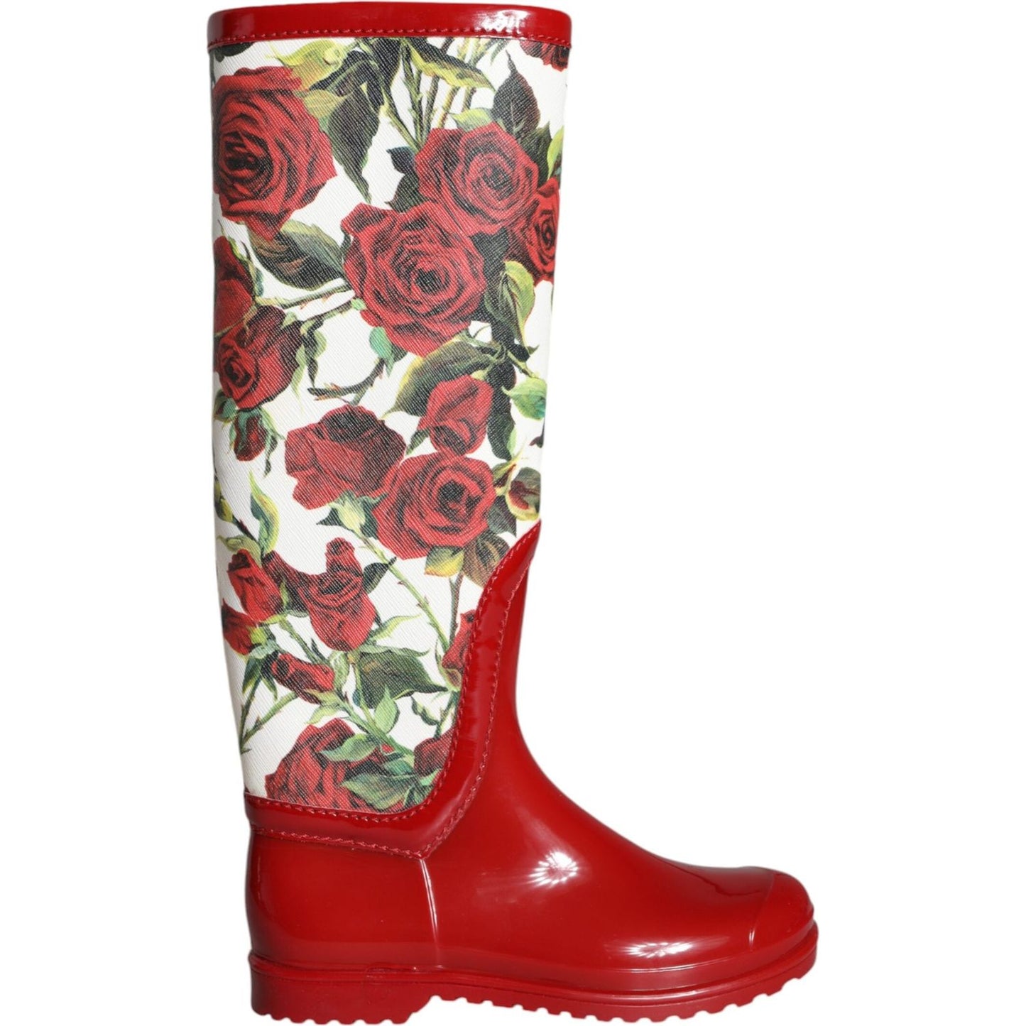 Dolce & Gabbana Red Floral Rubber Knee High Flat Boots Shoes Dolce & Gabbana Sienna