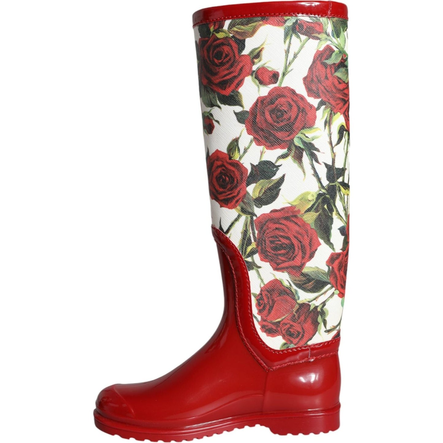 Dolce & Gabbana Red Floral Rubber Knee High Flat Boots Shoes Dolce & Gabbana Sienna