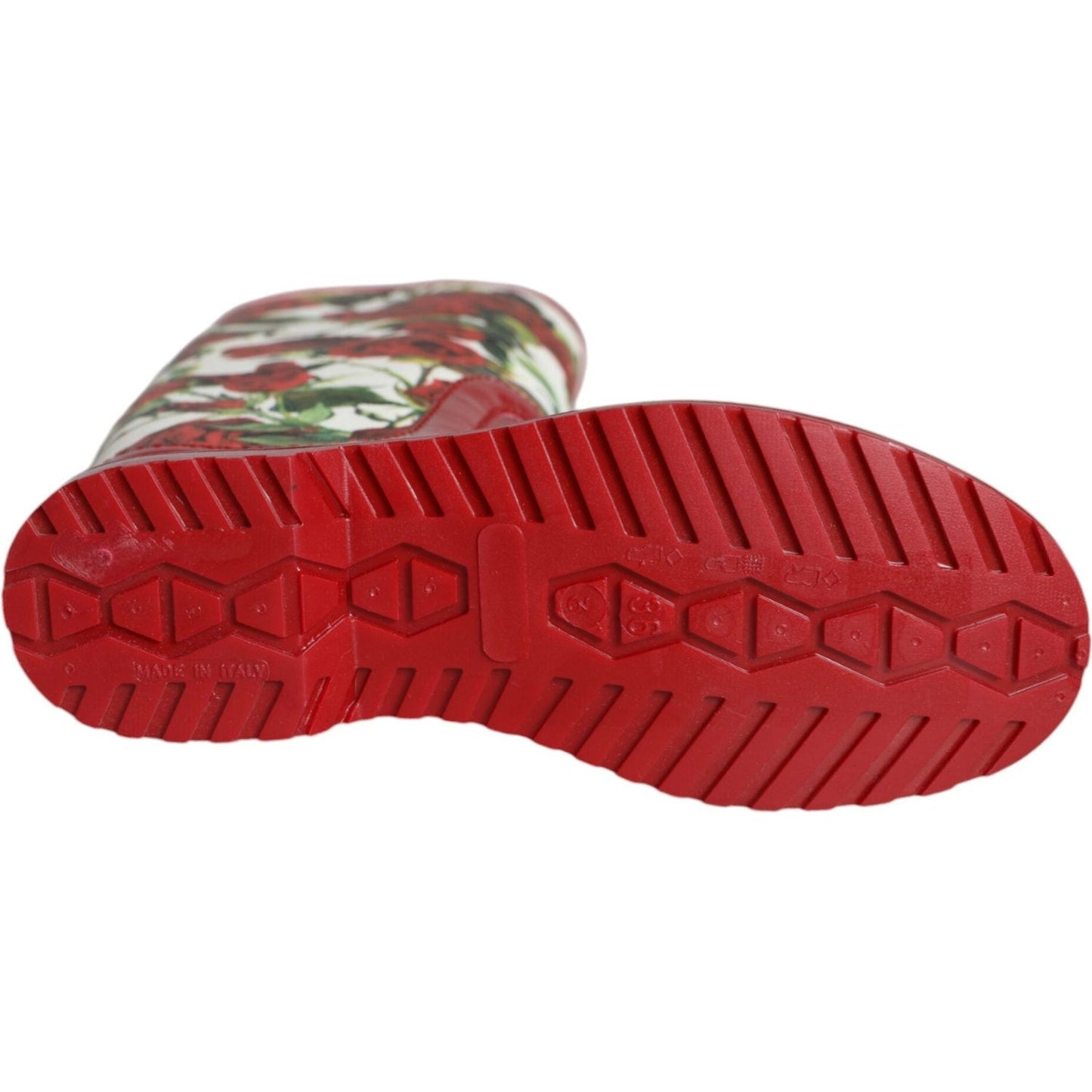 Dolce & Gabbana Red Floral Rubber Knee High Flat Boots Shoes Dolce & Gabbana Brown