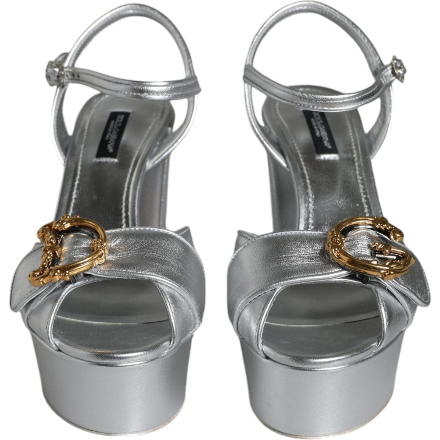 Dolce & Gabbana Silver Leather Platform Logo Keira Sandals Shoes Dolce & Gabbana Dim Gray