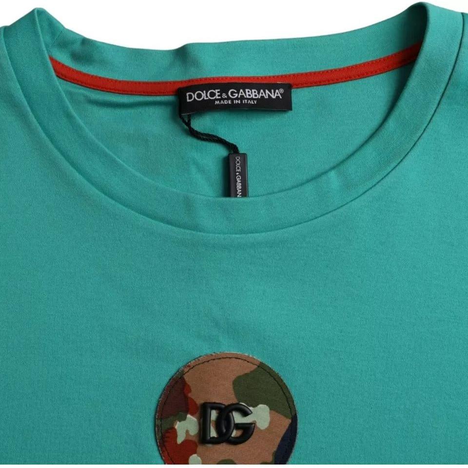 Dolce & Gabbana Green Logo Patch Round Neck Cotton T-shirt Dolce & Gabbana Medium Sea Green