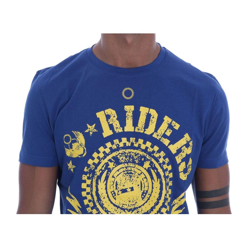 Frankie Morello Stylish Blue Riders Motif Cotton Tee Frankie Morello Dark Slate Blue