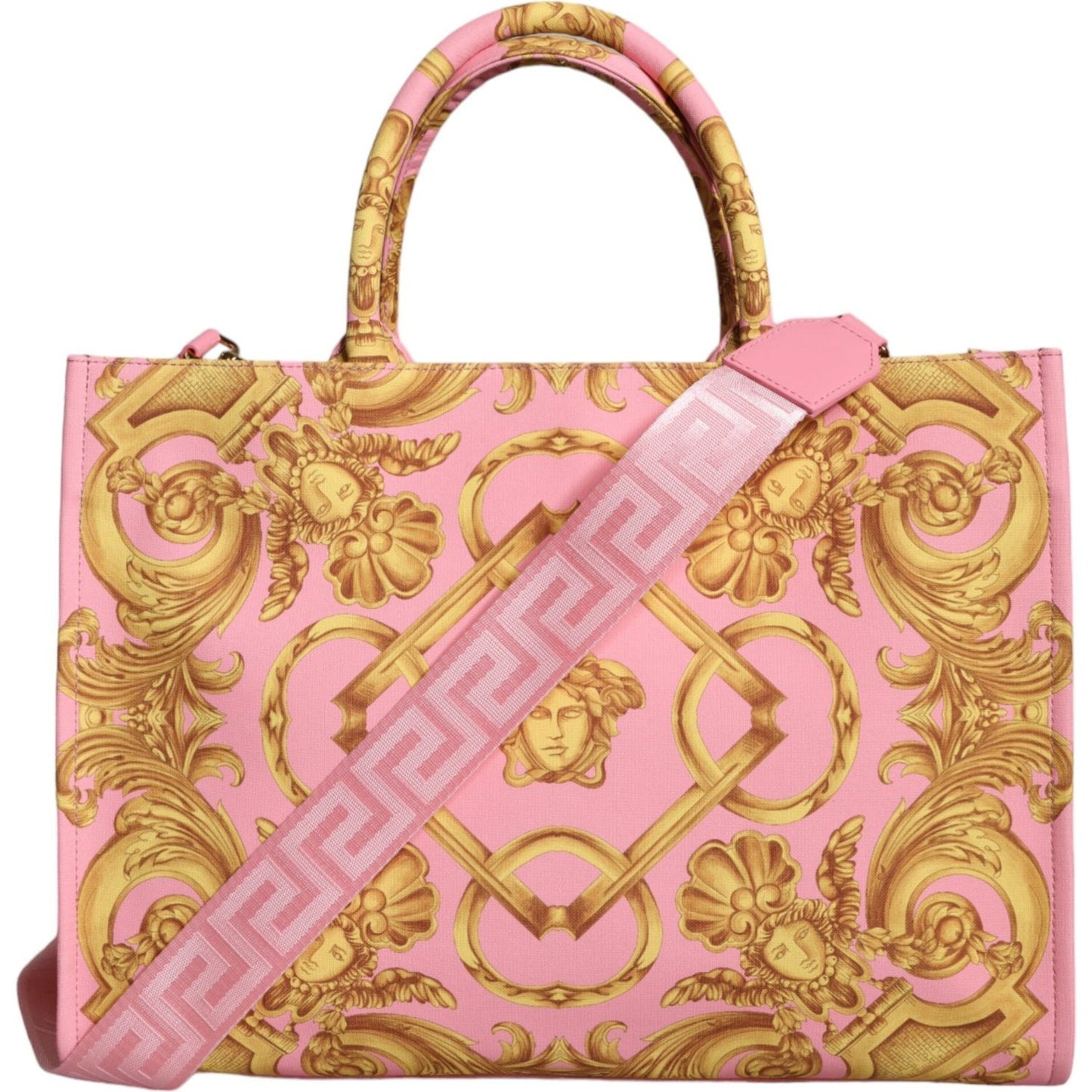 Versace Pink Printed Large Fabric Leather Shopping Tote Bag Versace Dark Salmon