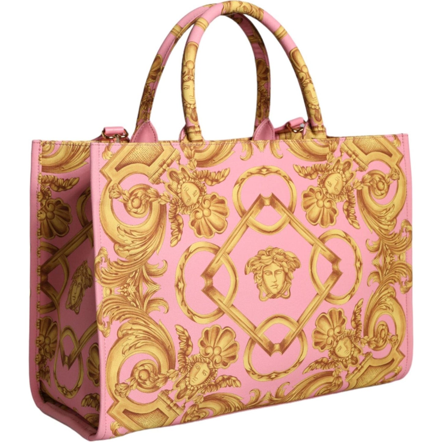 Versace Pink Printed Large Fabric Leather Shopping Tote Bag Versace Dark Salmon