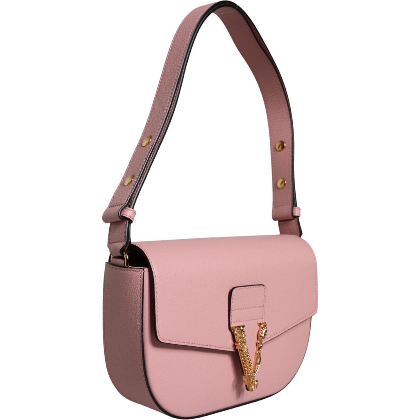 Versace Pink Grainy Calf Leather Logo Crossbody Shoulder Bag Versace Rosy Brown