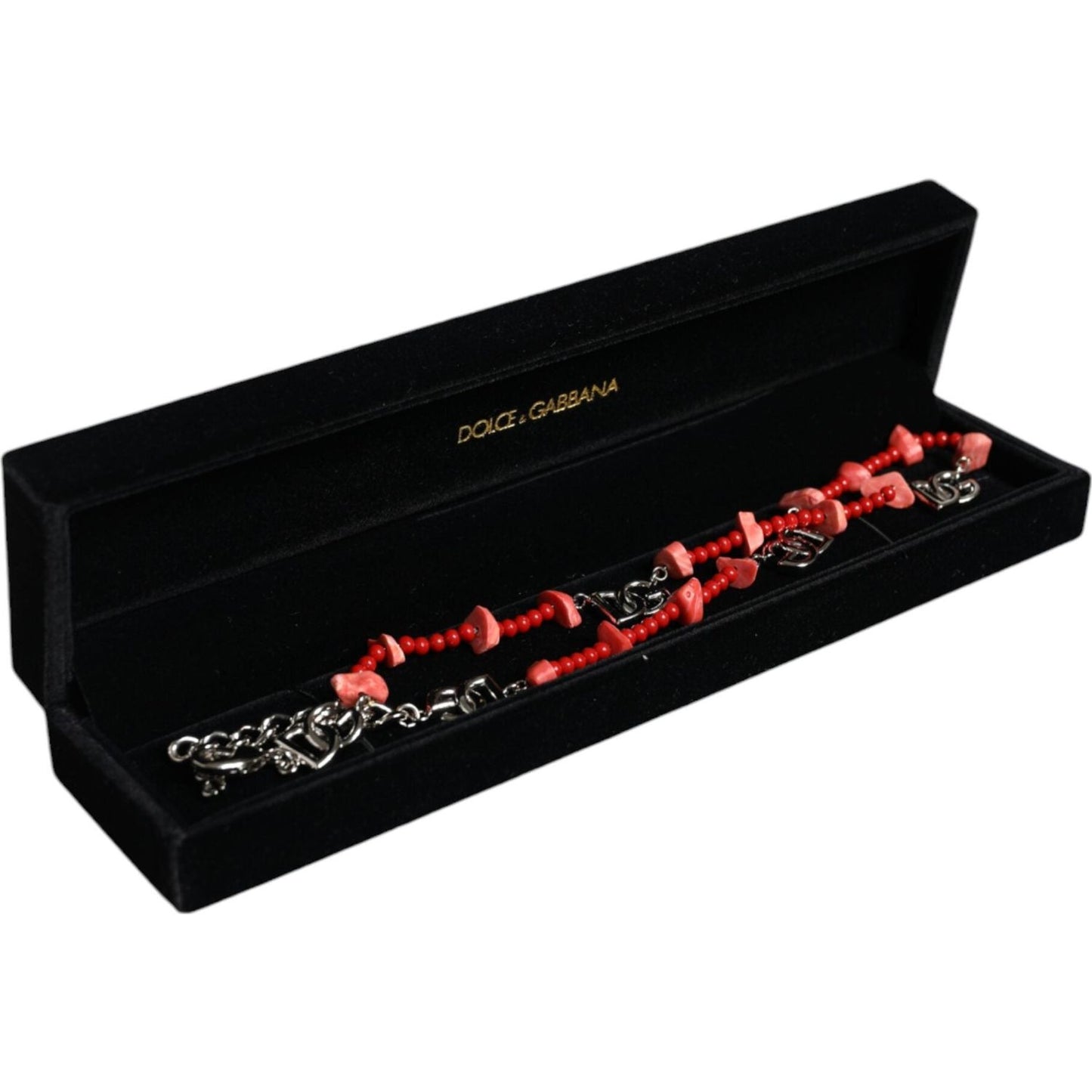 Dolce & Gabbana Silver Tone Brass Beaded Resin DG Logo Chain Necklace Necklace Dolce & Gabbana Black
