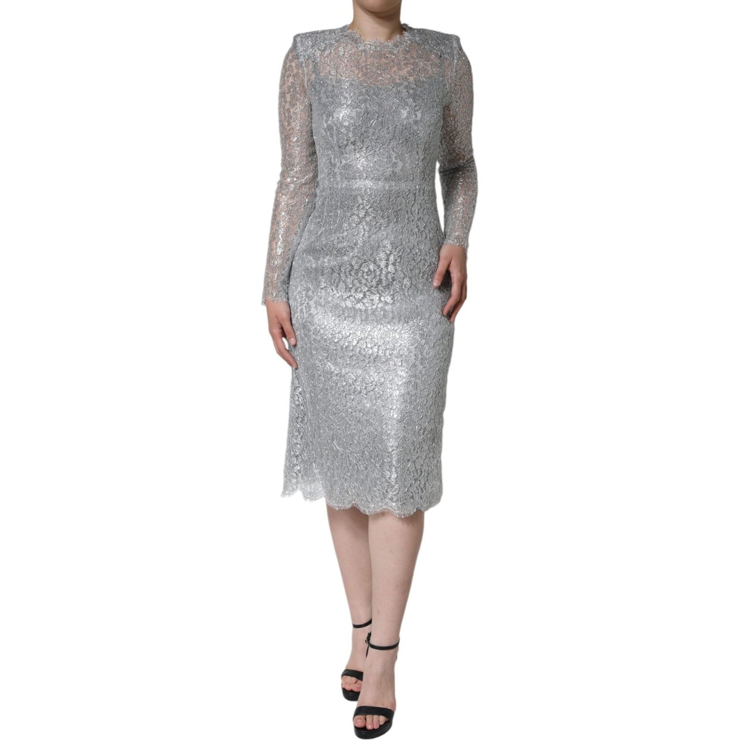 Dolce & Gabbana Silver Floral Lace Bodycon Sheath Midi Dress Dolce & Gabbana Dark Gray