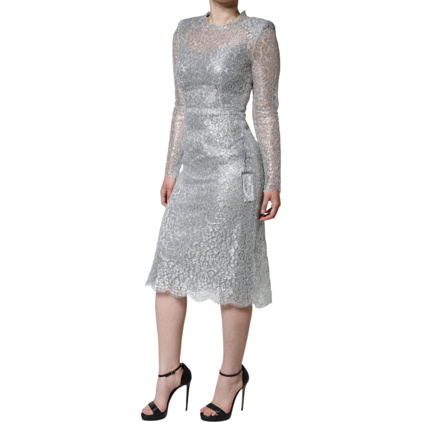 Dolce & Gabbana Silver Floral Lace Bodycon Sheath Midi Dress Dolce & Gabbana Dark Gray