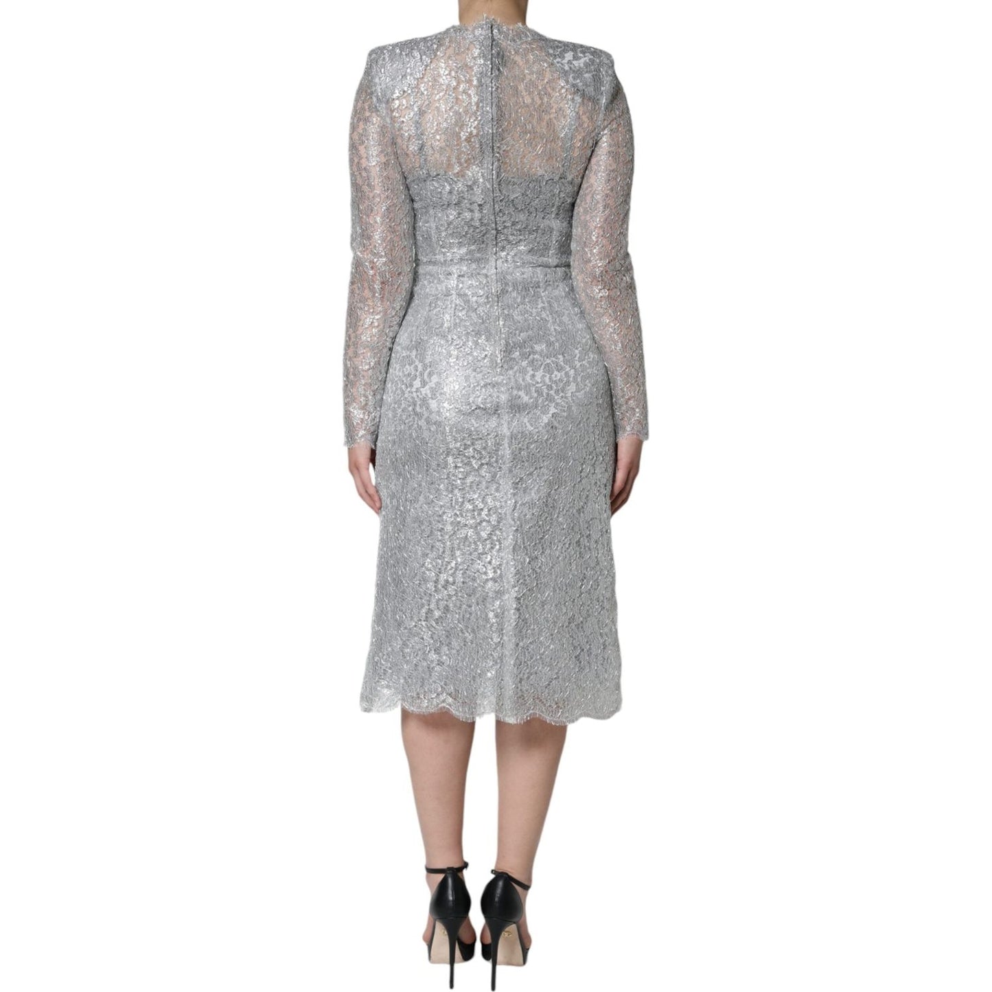 Dolce & Gabbana Silver Floral Lace Bodycon Sheath Midi Dress Dolce & Gabbana Dark Gray