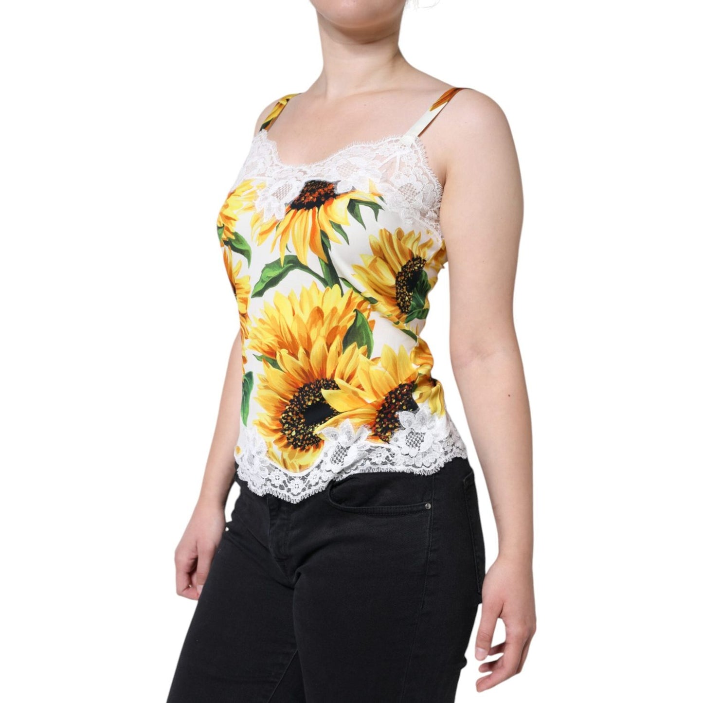Dolce & Gabbana White Silk Sunflower Lace Sleeveless Tank Top Dolce & Gabbana Black