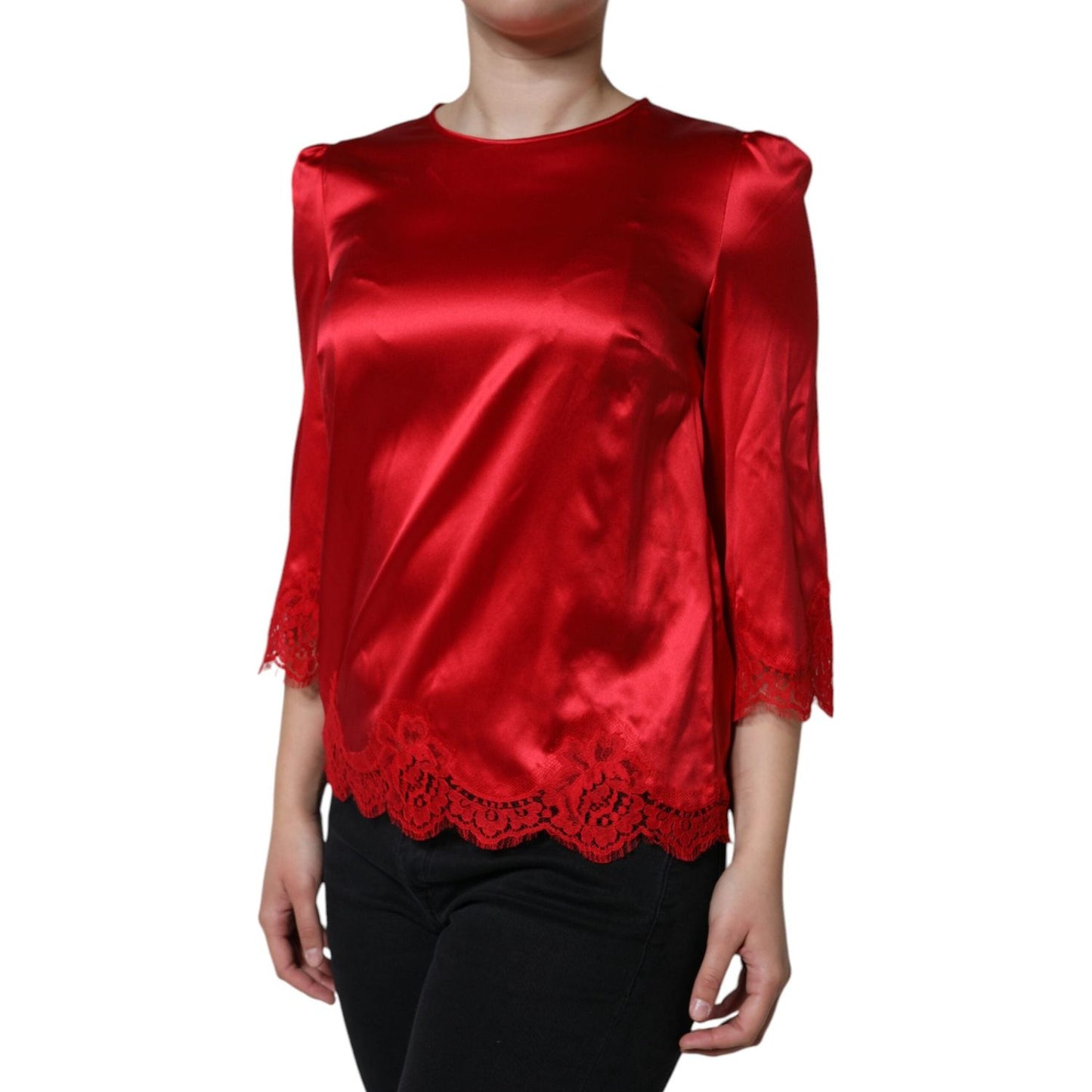 Dolce & Gabbana Red Satin Lace Trim Round Neck Blouse Top Dolce & Gabbana Dark Red