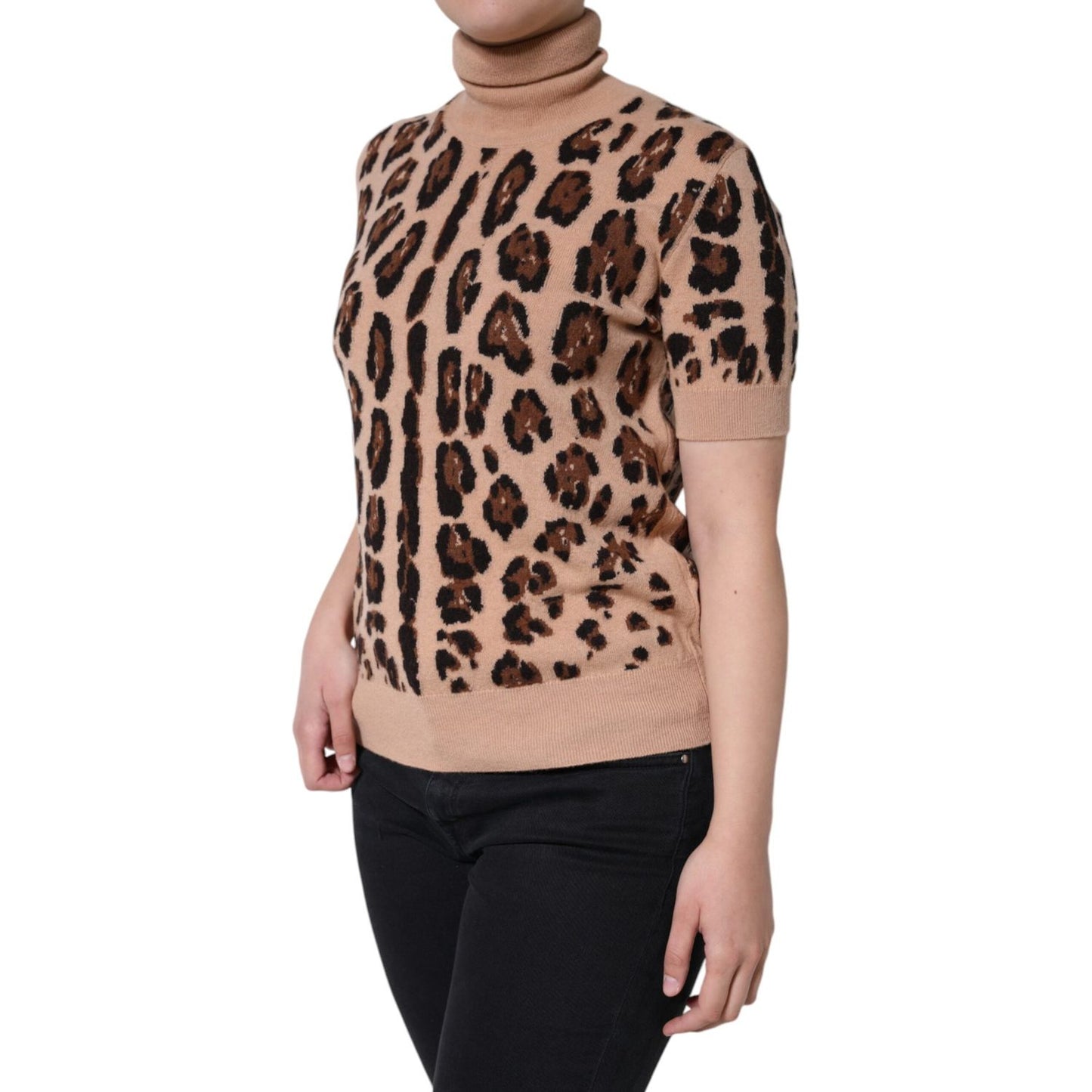 Dolce & Gabbana Beige Leopard Print Wool Turtleneck Top Dolce & Gabbana Rosy Brown