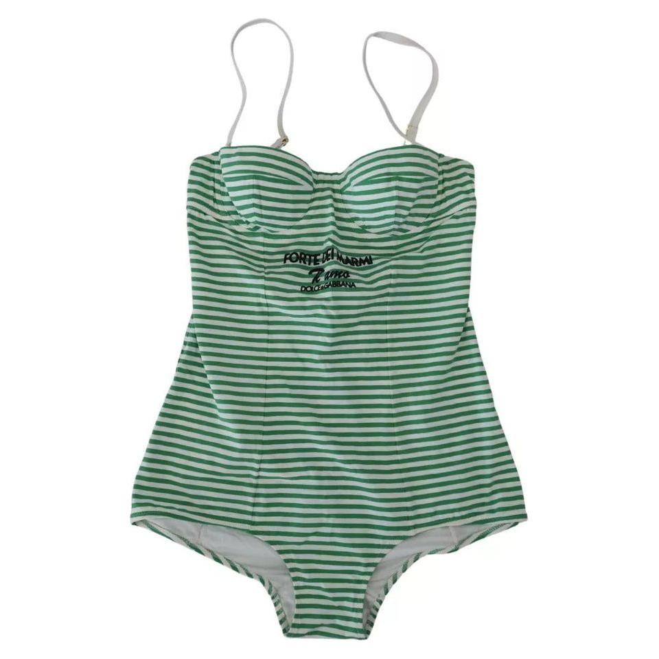 Dolce & Gabbana White Green Stripes One Piece Beachwear Swimwear Dolce & Gabbana Dark Sea Green