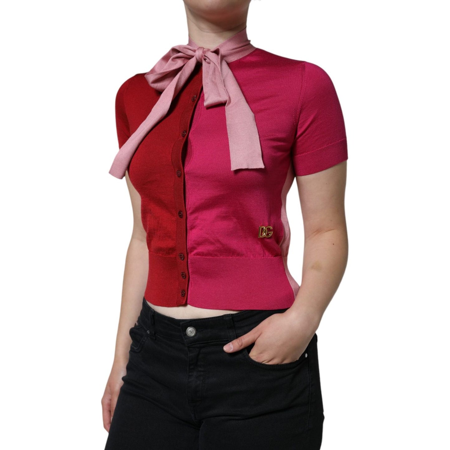 Dolce & Gabbana Pink Short Sleeves Pullover Ascot Collar Top Dolce & Gabbana Brown