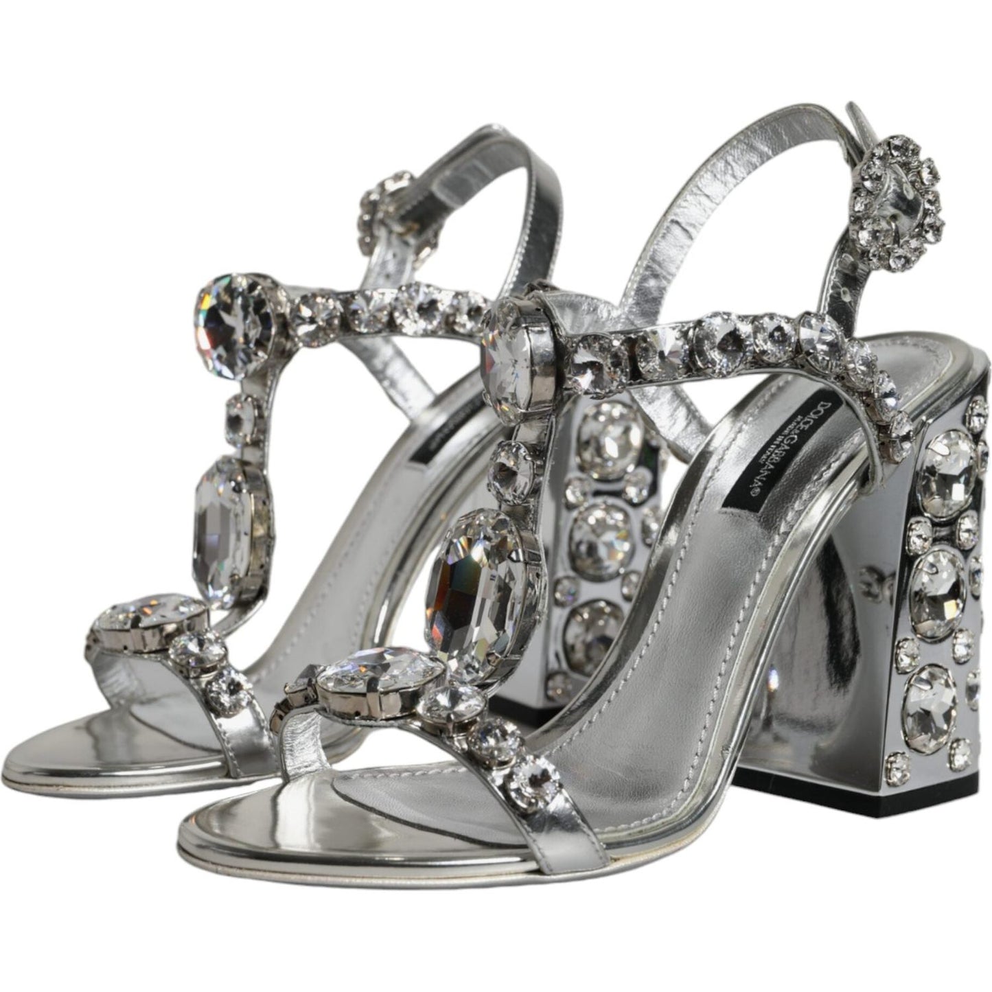 Dolce & Gabbana Silver Leather T-strap Crystal Sandals Shoes Dolce & Gabbana Light Slate Gray