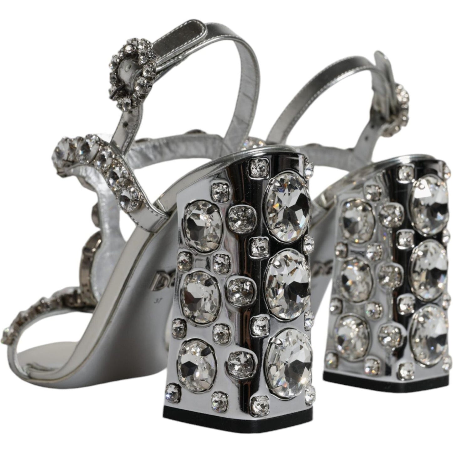 Dolce & Gabbana Silver Leather T-strap Crystal Sandals Shoes Dolce & Gabbana Slate Gray