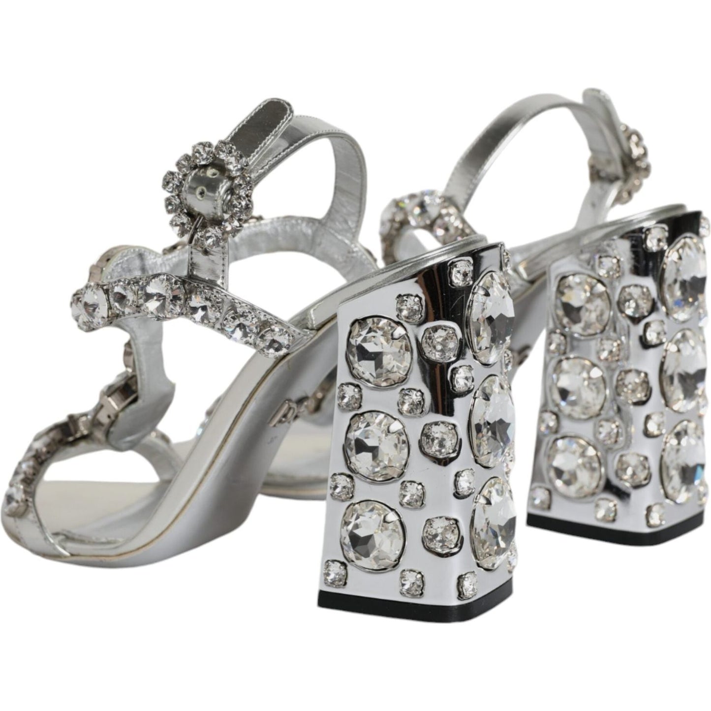 Dolce & Gabbana Silver Leather T-strap Crystal Sandals Shoes Dolce & Gabbana Dark Gray
