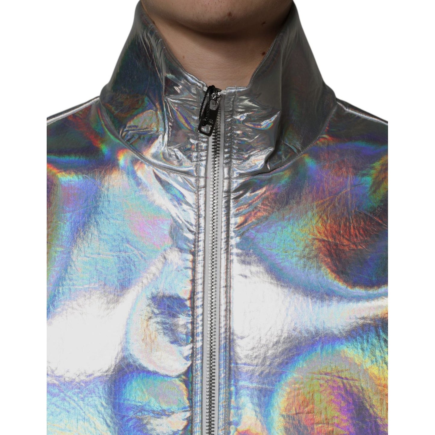 Dolce & Gabbana Silver Iridescent Full Zip Men Bomber Jacket Dolce & Gabbana Dark Gray