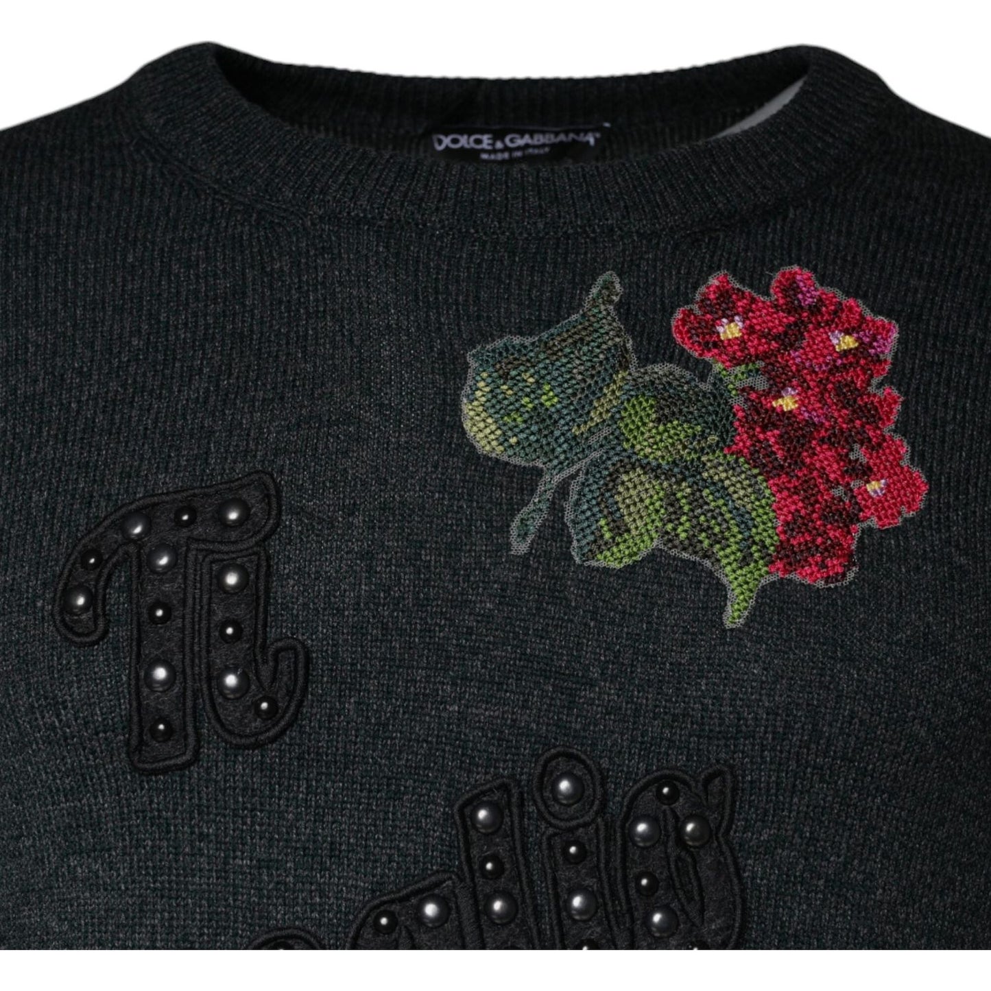 Dolce & Gabbana Gray Embellished Crew Neck Pullover Sweater Dolce & Gabbana Black